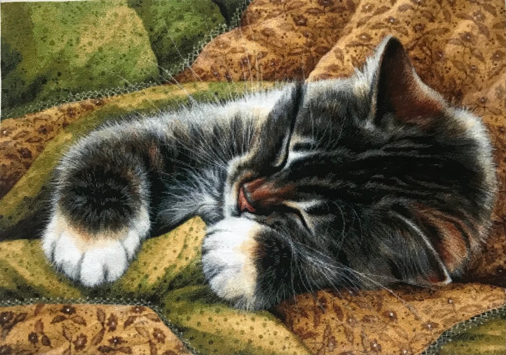 Sleeping cat in a pile of fabric